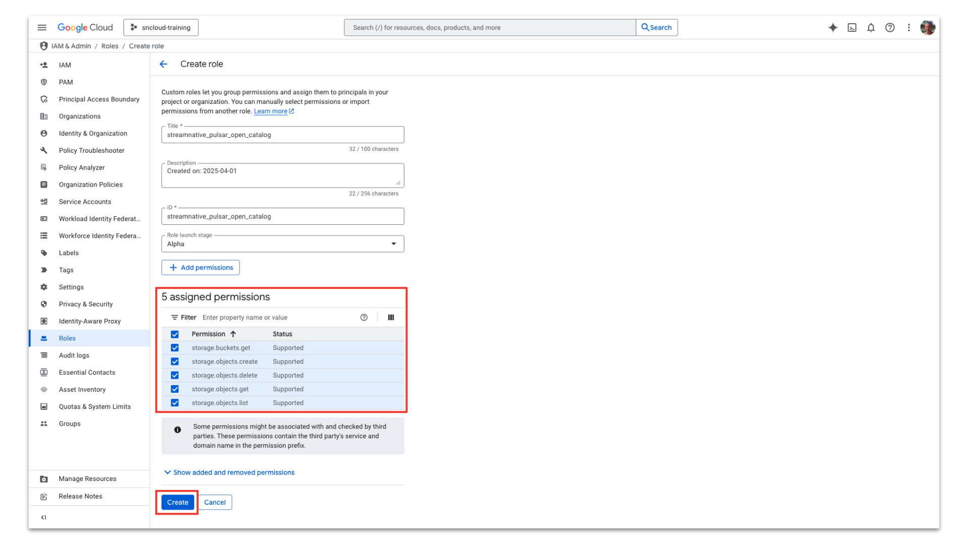 Assigned permissions in Google Cloud