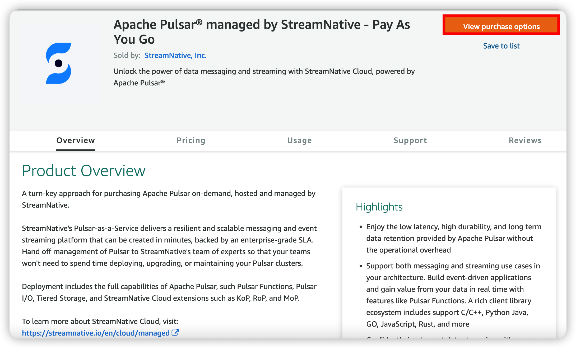 Product overview of StreamNative Cloud service on AWS marketplace Product overview of StreamNative Cloud service on AWS marketplace