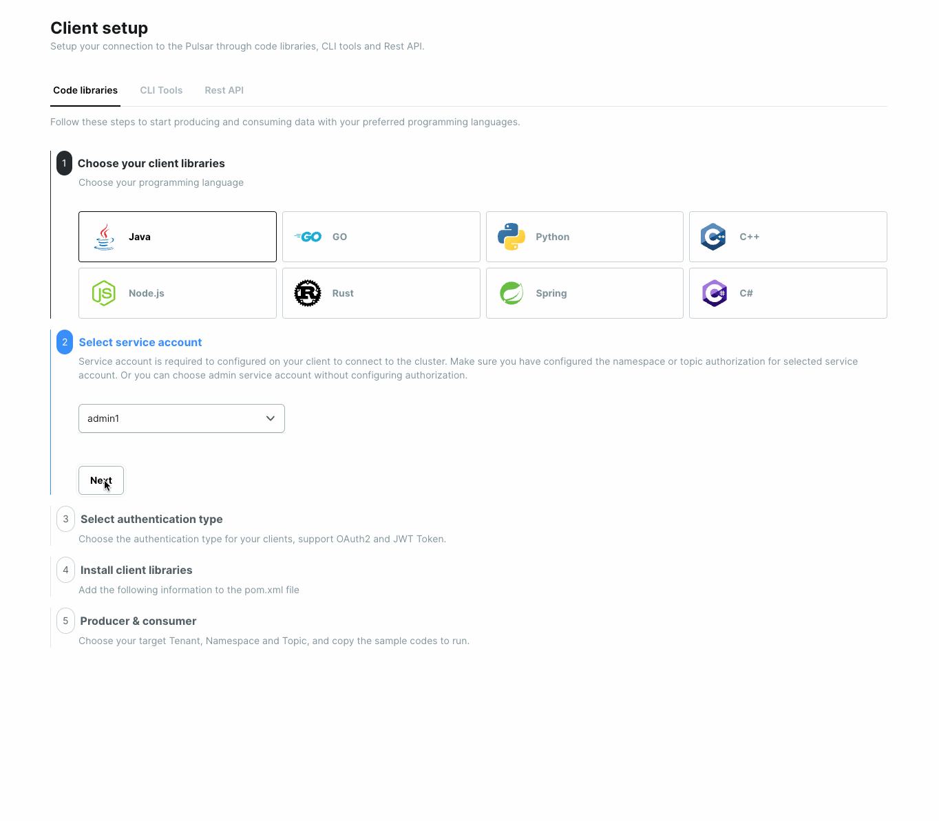 image of client setup page Client Setup page in the Cloud Console