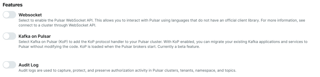 A screenshot of the cluster features section screenshot of the cluster features section