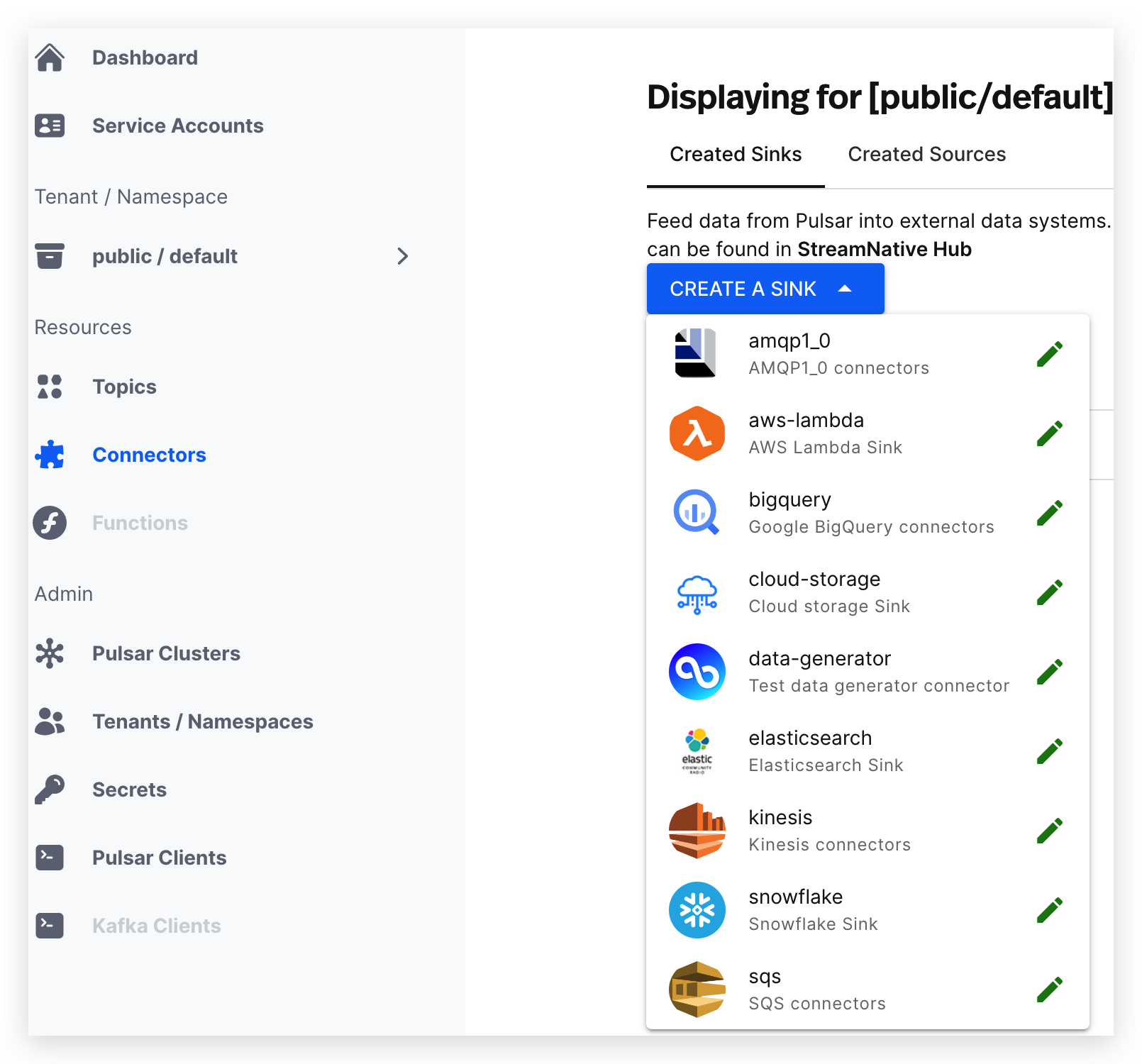 Create a sink connector screenshot of creating a sink connector