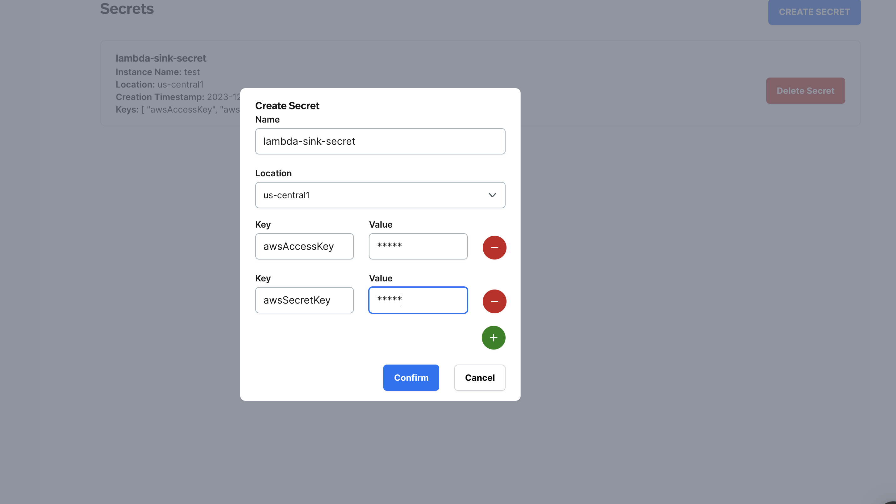 Create secrets screenshot of creating secrets