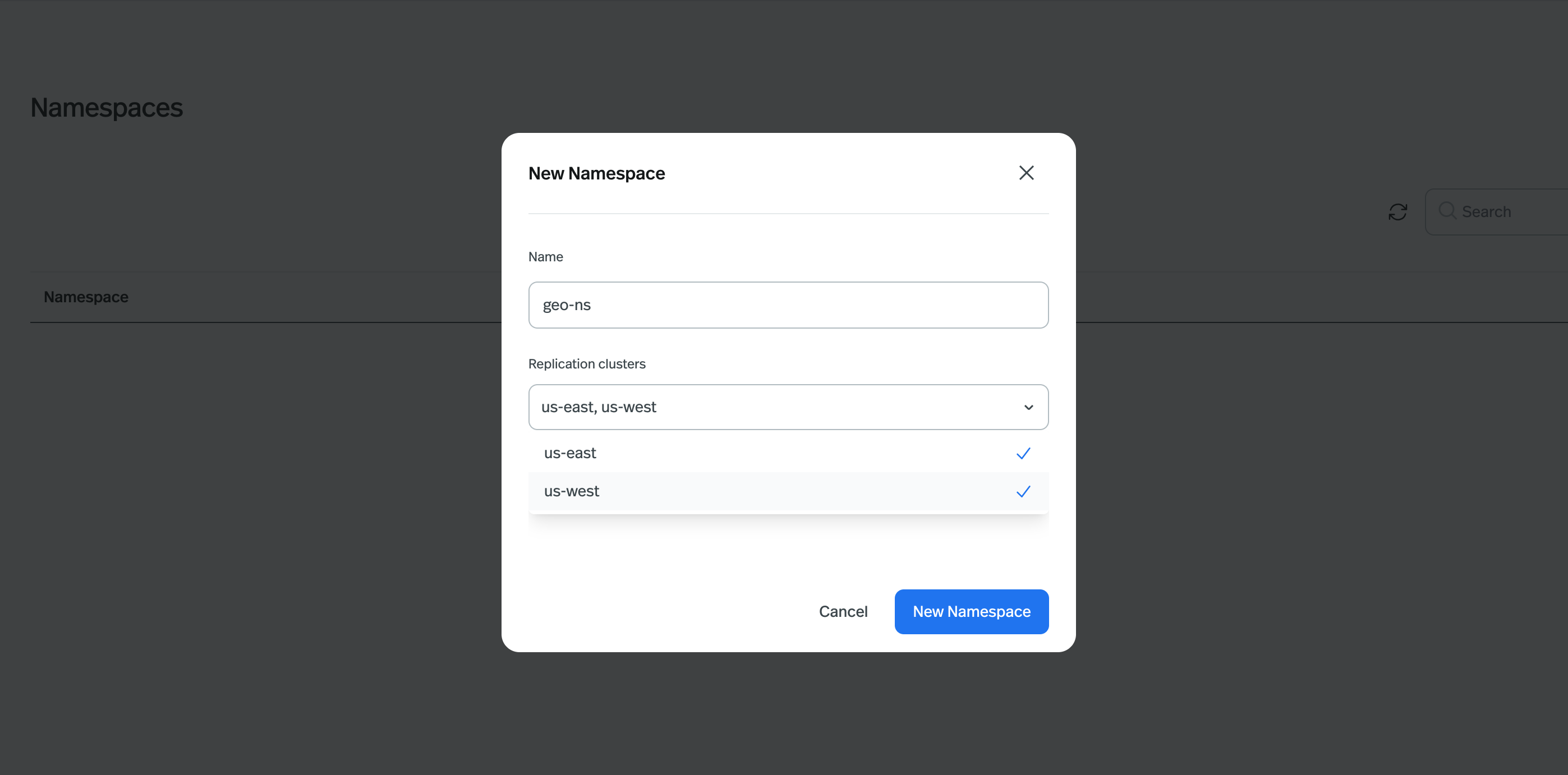 Namespace replication page