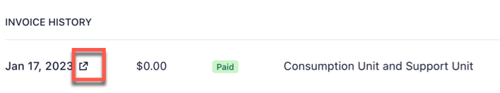 A screenshot of the invoice history section on the billing page screenshot of invoice history section on the billing page