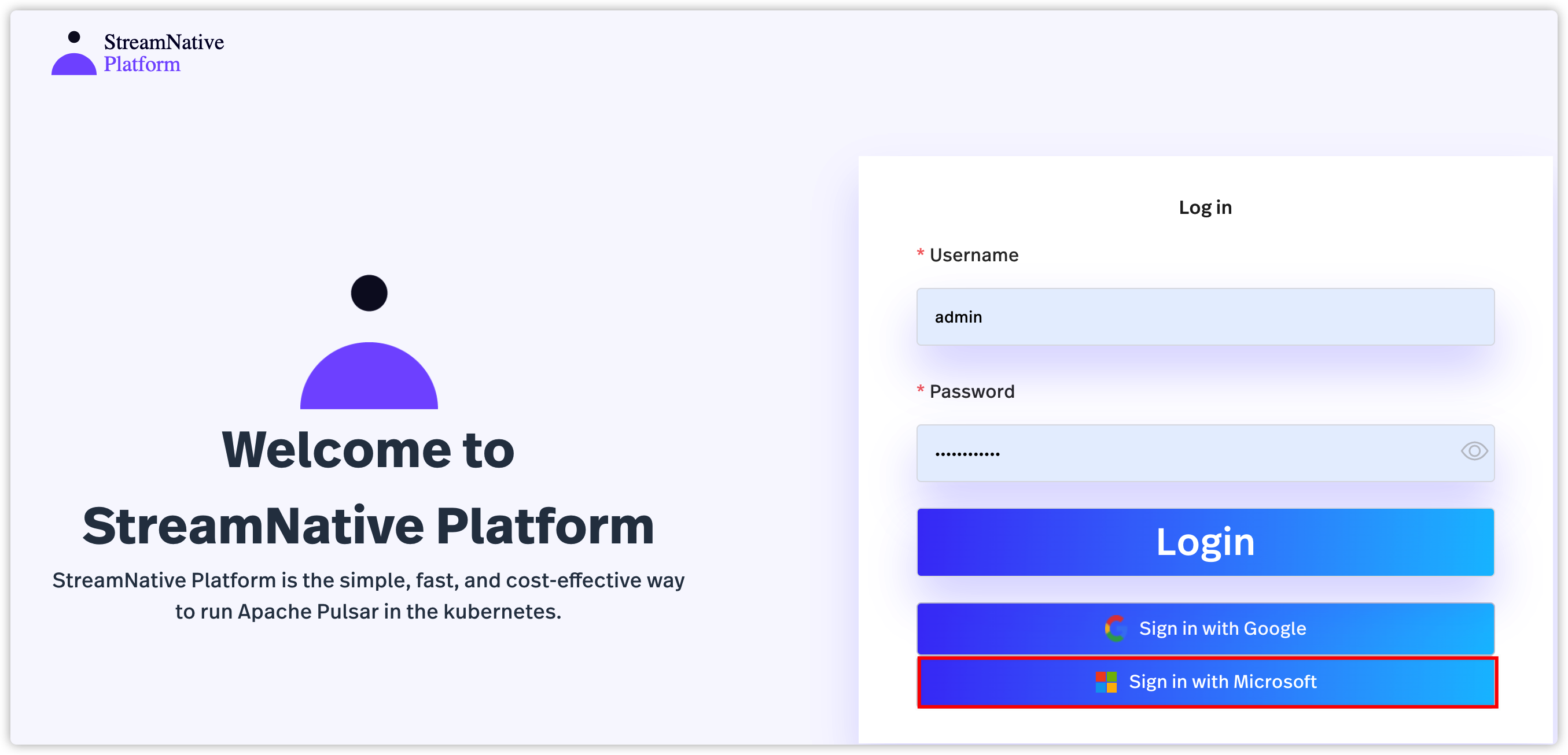 screenshot of StreamNative Console login using a Microsoft account