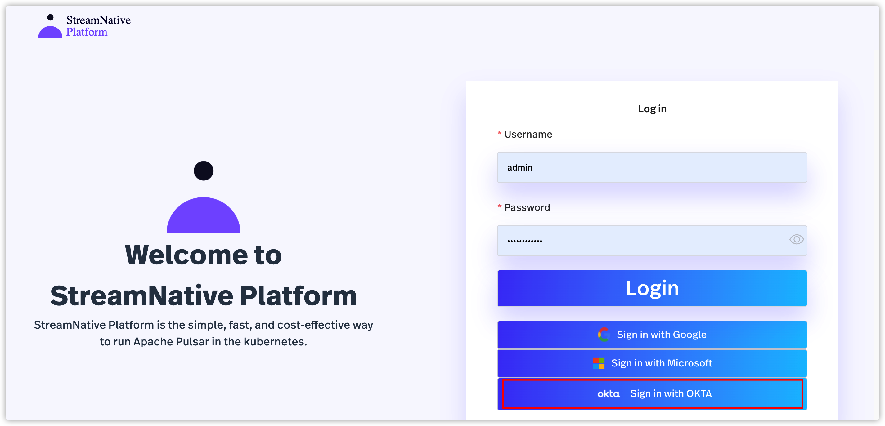 screenshot of StreamNative Console login using OKTA