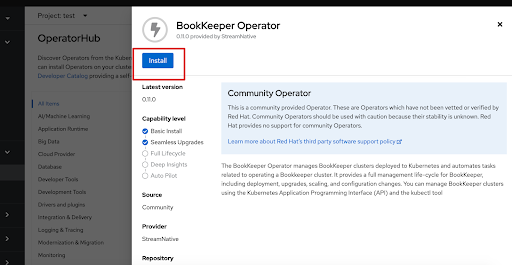 Install BookKeeper Operator in OpenShift Web Console screenshot of installing BookKeeper Operator in OpenShift Web Console