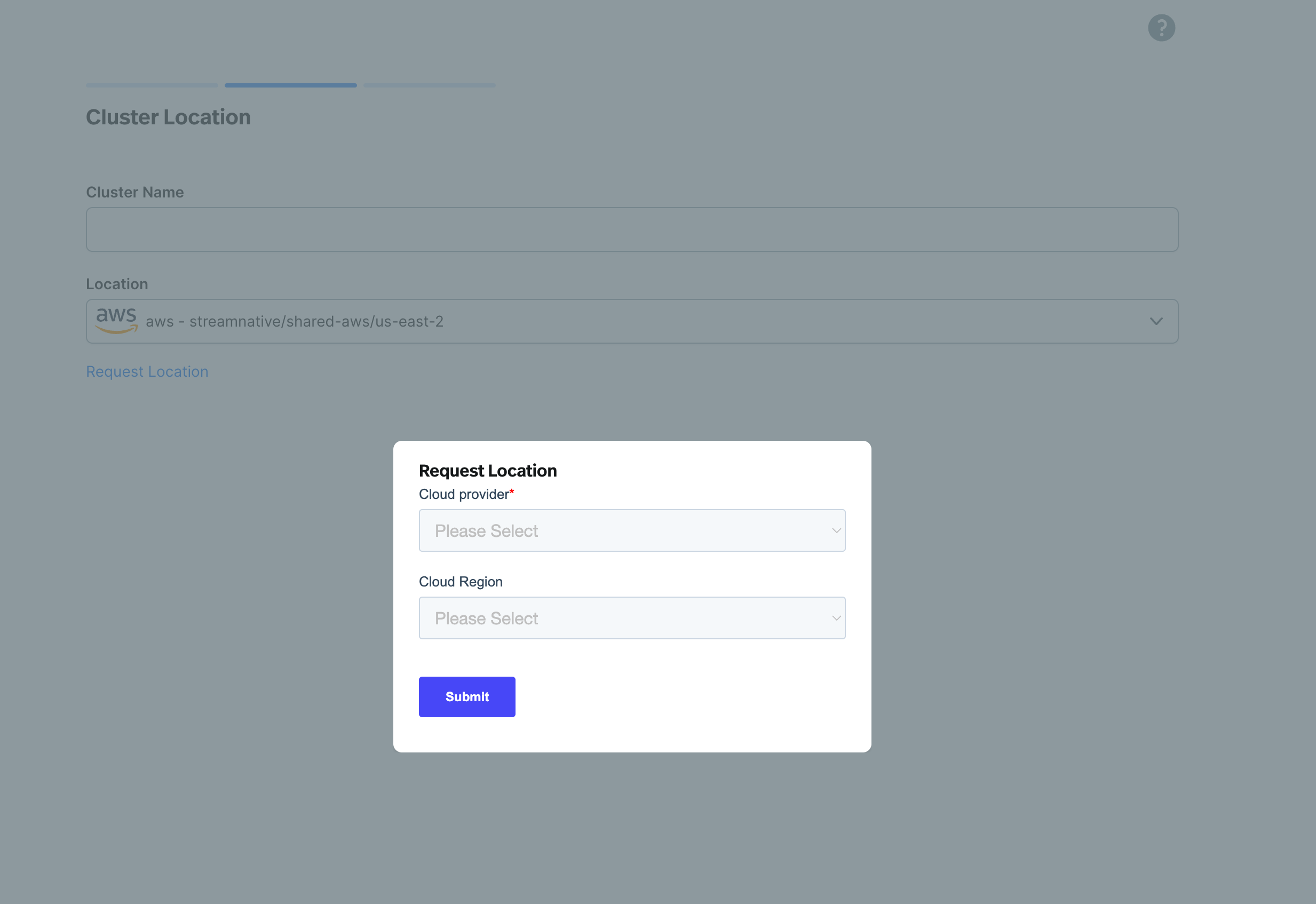 image of new region dialog Support for requesting a new region