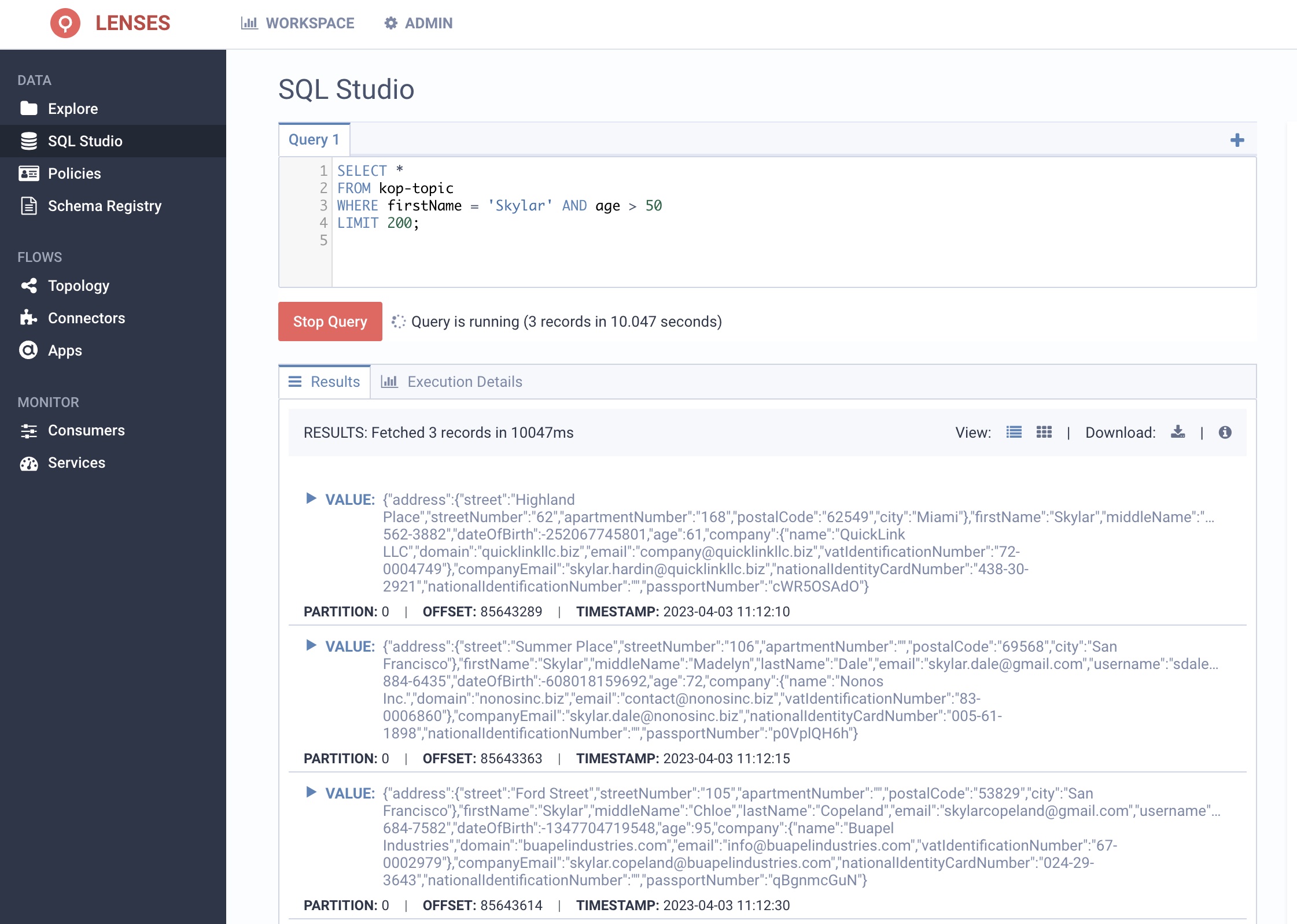 query data in the kop-topic topic