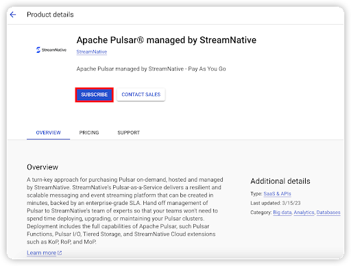 Subscribe to Streamnative Cloud service on Google Cloud Marketplace a screenshot of subscribing to Streamnative Cloud on GCP